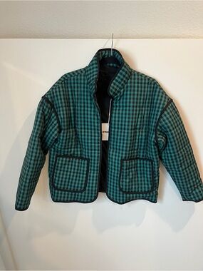 Green Black Plaid Quilted Jacket - Casual Light Puffer Coat S